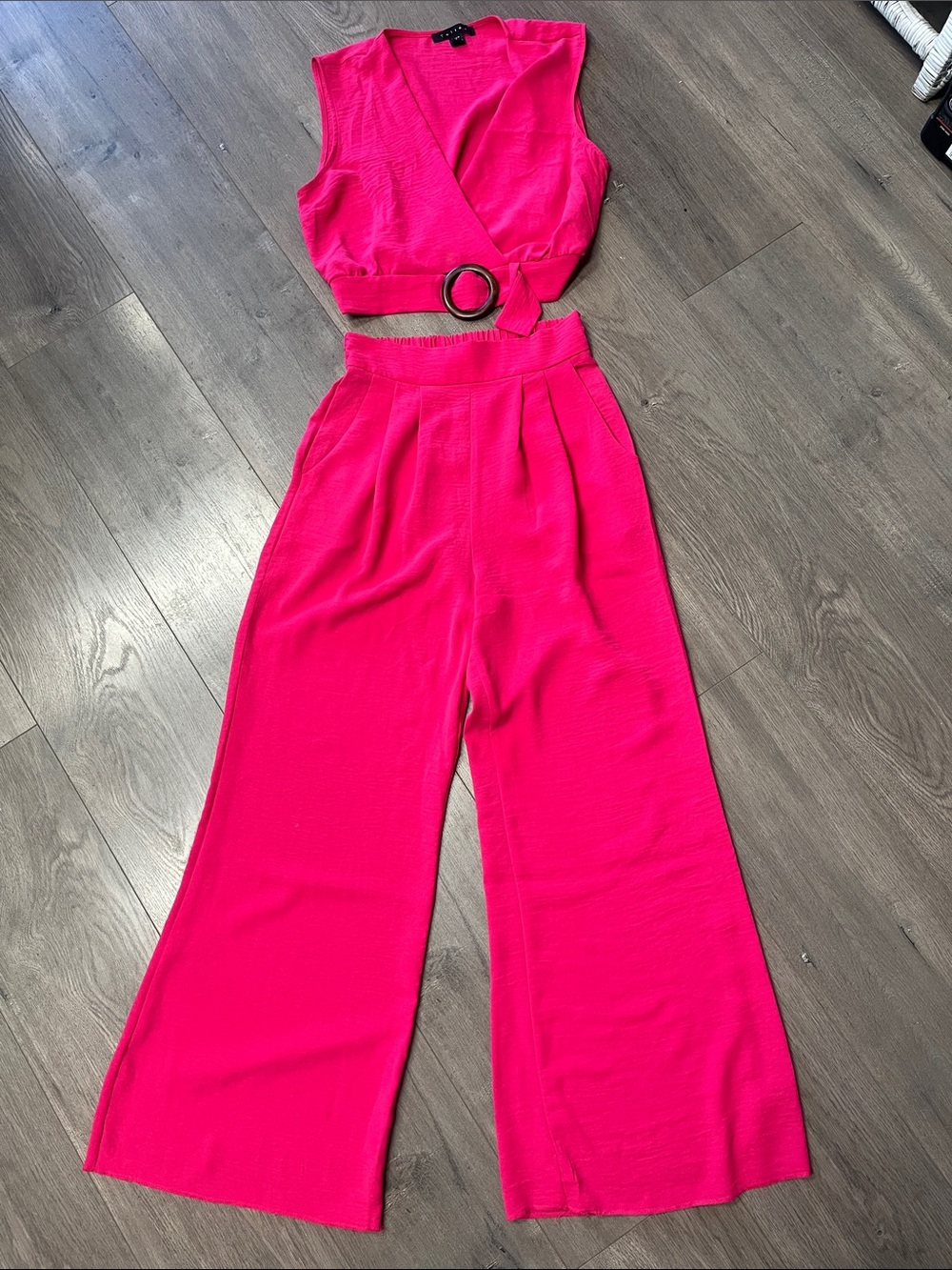Tullea Fuchsia Two-Piece Jumpsuit Set with Ring-Belt Crop Top